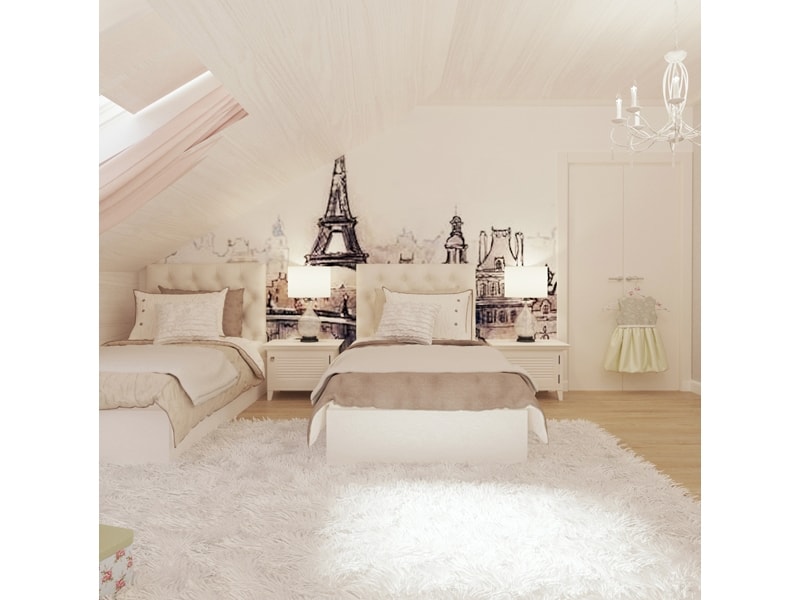 Светлая спальня с рисунком Парижа