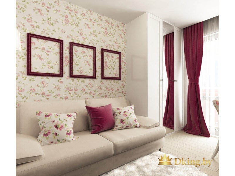 детская для девочки: в качестве спального места - диван. стена оклеена обоями с цветочным принтом. падушки повторяют узор. в качестве акцентов использован бордово-малиновый цвет