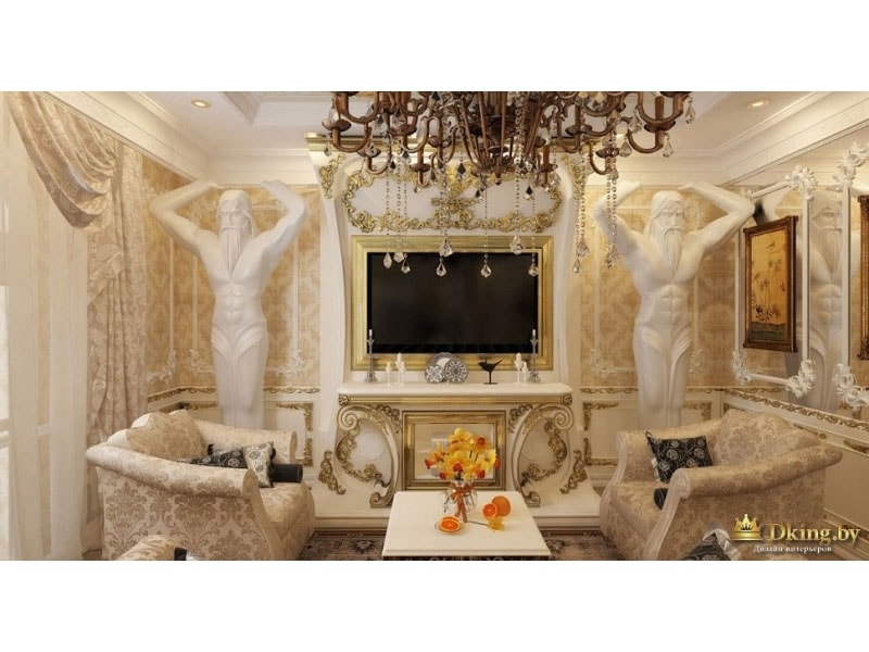 колонны-атланты в гостиной возле телевизора, классические бежевые кресла в стиле ампир, позолота и шикарная люстра