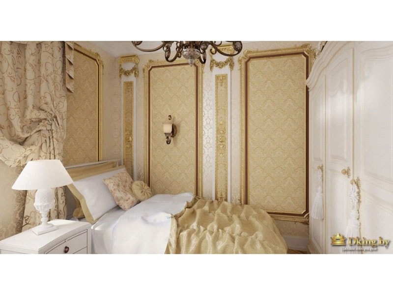 оформление стен в стиле ампир, молдинги, белый шкаф с позолотой, многослойные драпировки окна, кровати