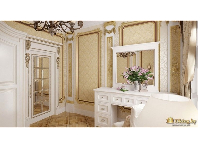 шкаф с зеркальными и белыми дверями в стиле ампир: позолоченные филенки, резьба