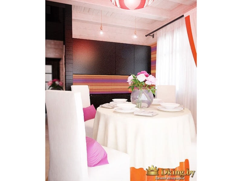 белая столовая группа на фоне кухонного гарнитура цвета венге. шкафчики без ручек, фартук - яркая скиналь, повторяющая акцентные цвета в текстиле и картинах: розовый, оранжевый, сиреневый, желтый