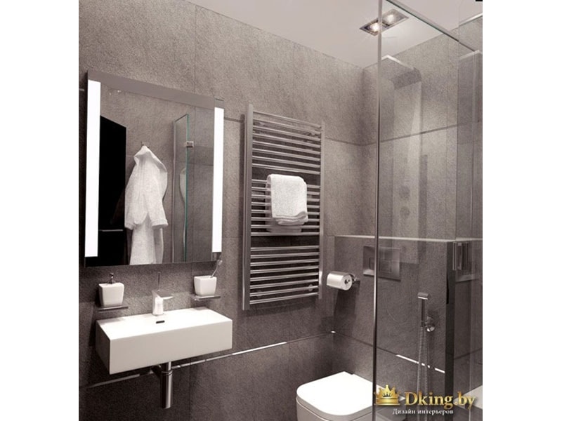 ванная с серой плиткой, подвесным белым умывальником и унитазом, душевым уголком и зеркалом с подсветкой