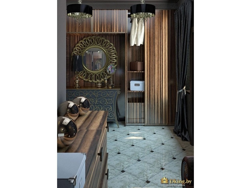 круглое зеркало, светлый пол, коричневая мебель в стиле ар-деко