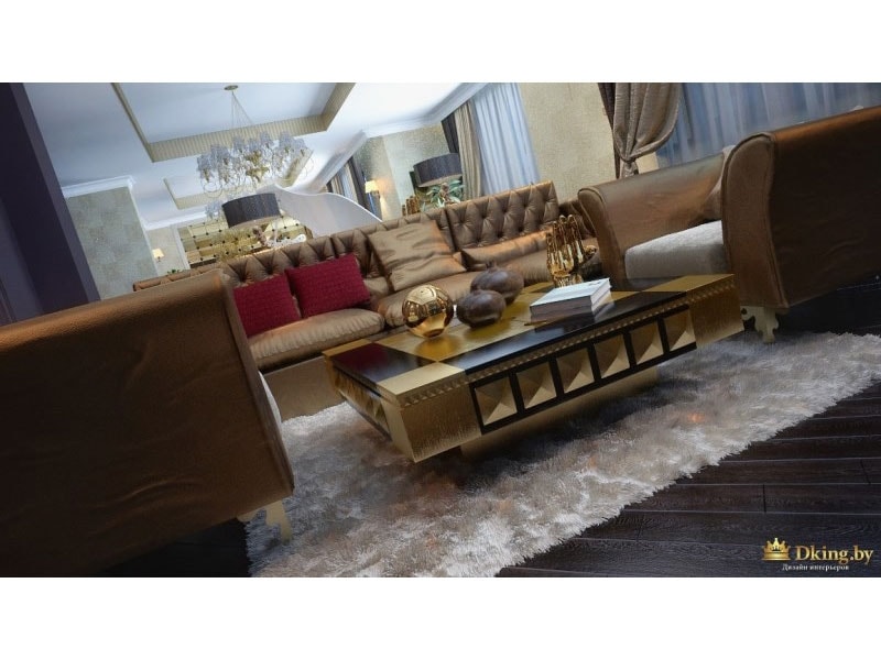 пушистый белый ковер на темном полу. диваны с бронзовой обивкой, много текстиля, золотые и бордовые подушки