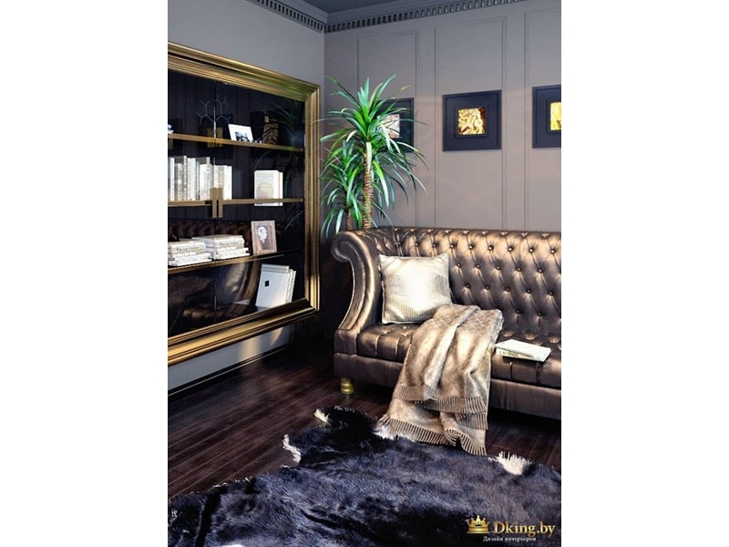 диван с блестящей бронзовой обивкой, на темном полу - ковер-шкура черного цвета и бархатной фактуры