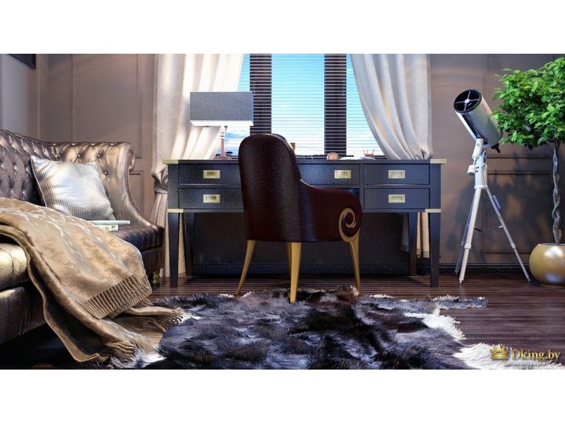 стол-конторка возле окна, телескоп в качестве декора. мебель в стиле арт-деко, на полу ковер-шкура. цвета темные, насыщенные: коричневый, фиолетовый, черный, дымчато-серый