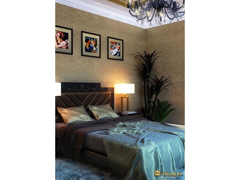 спальня: большая кровать, много темного текстиля, фактурная стена