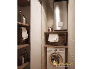 прачечная: водонагреватель, стиральная машина, раздвижной шкаф для хранения ванных принадлежностей