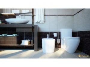 туалетная комната: биде, унитаз и система для хранения ванных принадлежностей