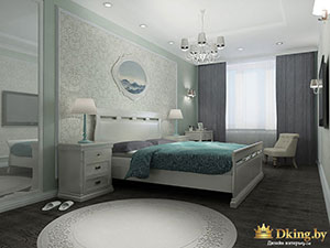 серый и бирюзовый в интерьере спальни коттеджа