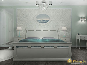 спальня в коттедже: белый, серый и бирюзовый