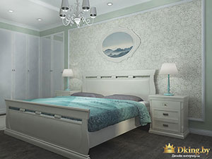 белая кровать и бирюзовые акценты в спальне коттеджа