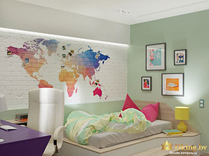 оригинальная идея дизайна детской : карта мира на кирпичной стене