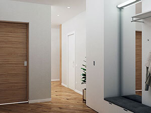 шпонированные деревянные двери и белые стены в дизайне стандартной квартиры